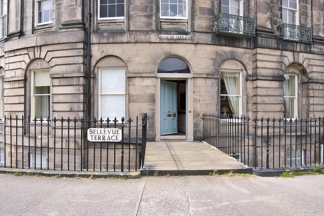 The front door of No.1 Bellevue Terrace on its cobbled corner